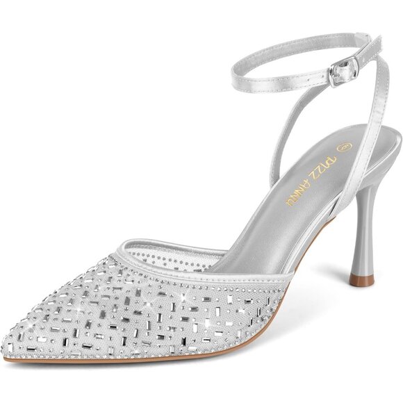 Pizz Annu Women's Silver Closed Toe Mesh Sparkly Ankle Strap Cienna High Heels - Picture 1 of 6